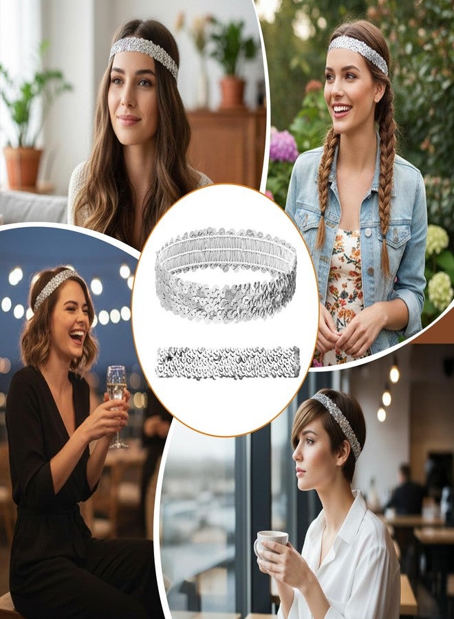 Exclaith 2Pcs Silver Sequins Headband for Women, Elastic Glow Stretch Sparkle Glitter Fashion Adjustable Hair Band Accessories 80s 90s Vintage for Disco Party Club Concert Women - Image 5